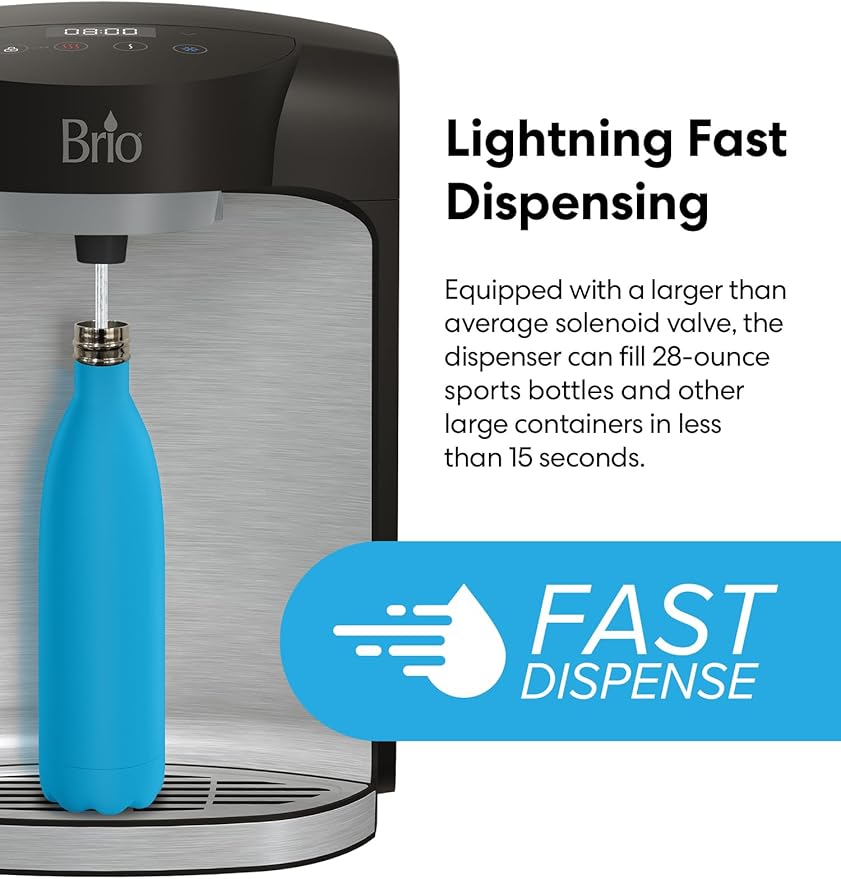 Brio 800 Bottleless Countertop Water Cooler w/ 2-Stage Filtration | Self Cleaning, Digital Display, 3-Temp (Hot Cold & Room Temperature) Filtered Drinking Water Dispenser for Bar Home Kitchen & Office