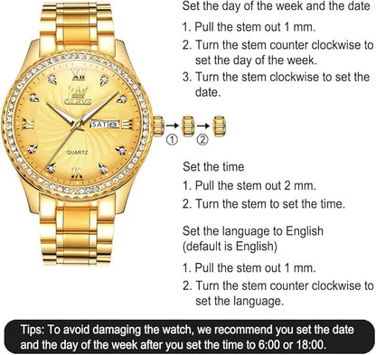 Men's Casual Stainless Steel Watch, Big Face Easy to Read Analog Quartz Watch with Day and Date, Classic Waterproof Diamond Roman Arabic Numerals Dial Dress Watch for Men, Gold Silver Black Band