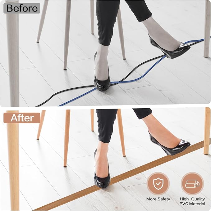 Floor Cord Cover Self Adhesive Cord Hider Floor Extension Cord Covers for Floor Power Cord Protector Cable Management Prevent Cable Trips Cable Cavity 0.32" W x 0.32" H (Light Brown Wood, 10Ft)