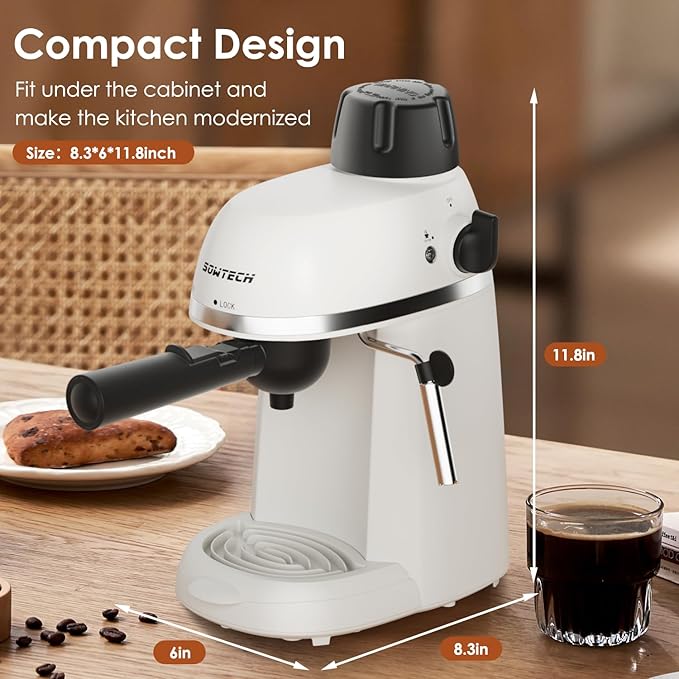 SOWTECH Coffee Machine, 3.5 Bar Espresso Cappuccino Machine with Milk Frother, 1-4 Cup Portable Coffee Maker for Latte, Cappuccino, 800W, White