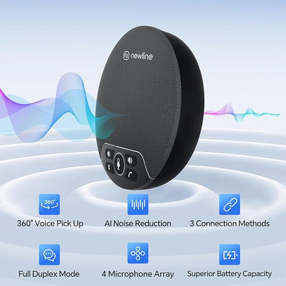 N newline USB Conference Microphone Speaker with Dongle, Bluetooth Speakerphone, 360° Voice Pickup, 4 Mics, Portable USB Speakerphone w/Noise Reduction for Home Office, Meeting Teams, Zoom, NewPie 30