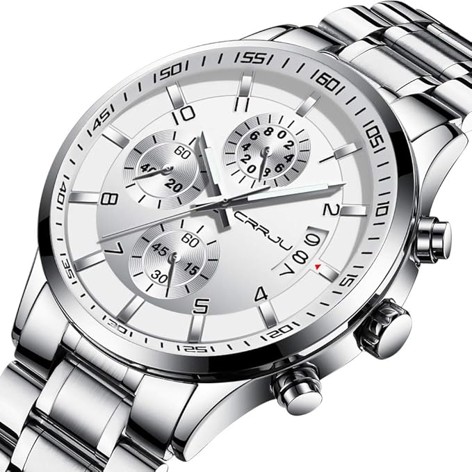 CRRJU Men's Fashion Stainless Steel Watches Date Waterproof Chronograph Wristwatches,Black Steel Band Waterproof Quartz Watch for Men