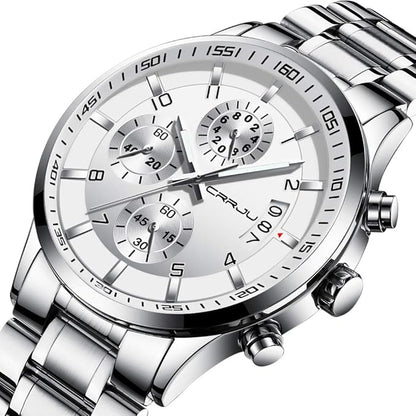 CRRJU Men's Fashion Stainless Steel Watches Date Waterproof Chronograph Wristwatches,Black Steel Band Waterproof Quartz Watch for Men