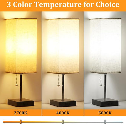 Table Lamp for Bedroom set of 2,3-Color Bedside Lamps with Pull Chain Table Lamps for Nightstand with AC Outlets,18'' Night Light Lamps with 2 Bulb Lamps for Living Room Kids Office Decor（Black+Cream）
