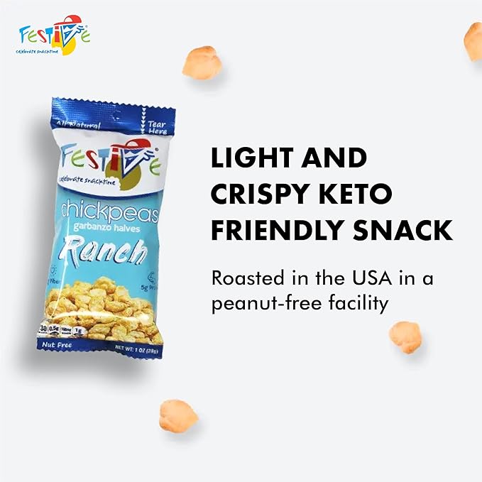Feel Festive 12 Bags 1-oz Ranch Crunchy Roasted Chickpeas Protein Snack Pack - Healthy Garbanzo Beans - Non-GMO Vegan Gluten-Free Soy-Free Balanced Macro Nut Free - Individual Convenient Portions