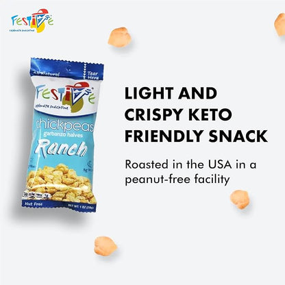 Feel Festive 12 Bags 1-oz Ranch Crunchy Roasted Chickpeas Protein Snack Pack - Healthy Garbanzo Beans - Non-GMO Vegan Gluten-Free Soy-Free Balanced Macro Nut Free - Individual Convenient Portions
