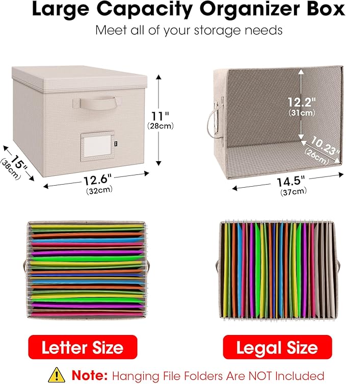 File Organizer Boxes with Lid, Linen Hanging File Storage Boxes with Handle, Collapsible Document Filling Boxes for Letter/Legal Folder, Portable File Box for Office/Decor/Home (2 Pack, Ivory)