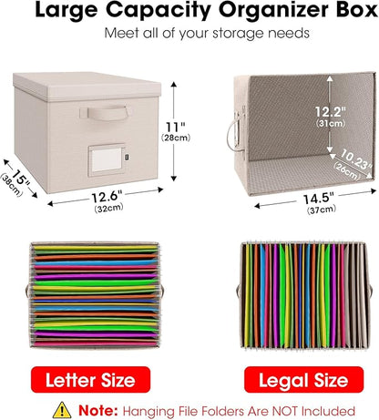 File Organizer Boxes with Lid, Linen Hanging File Storage Boxes with Handle, Collapsible Document Filling Boxes for Letter/Legal Folder, Portable File Box for Office/Decor/Home (2 Pack, Ivory)