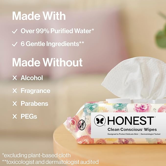 The Honest Company Hypoallergenic Multi-Use Baby Wipes for Sensitive Baby Skin, Rose Blossom, 60 Count