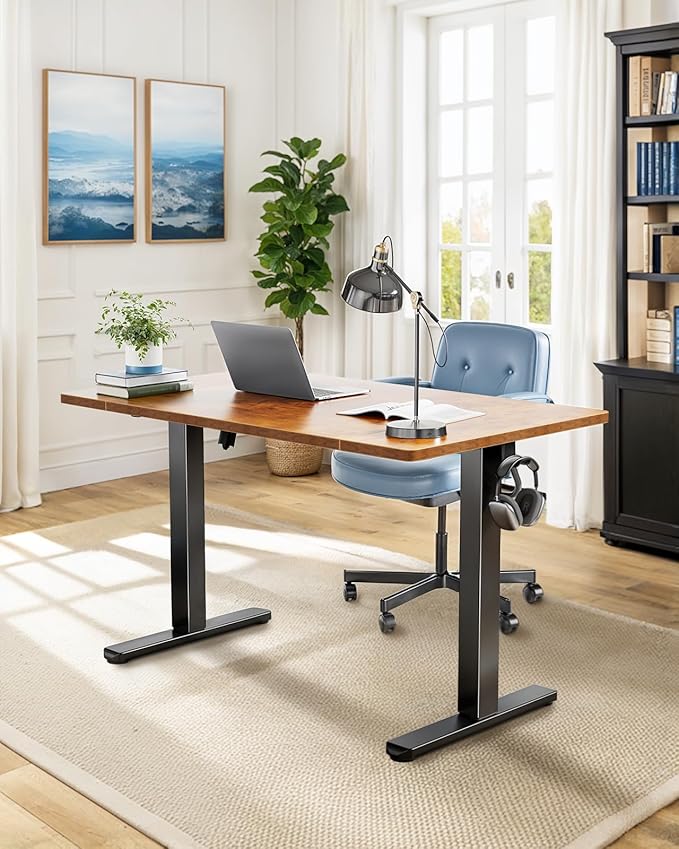 HUANUO 55 x 24 inch Electric Standing Desk, Height Adjustable Table with Headphone Hooks & Cable Manager, Sit to Stand up Desk for Home Office, Vintage Brown