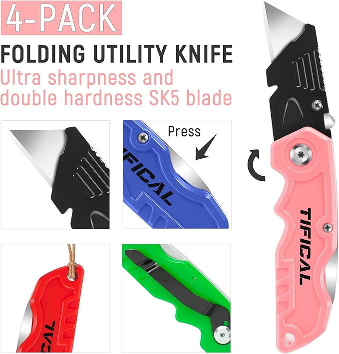 4 Pack Box Cutter Folding Utility Knife, Extra 10 Blades Included, Quick Change Blades, Lock-Back Design, Box Cutters for Carton, Cardboard, Boxes, Razor Knife Box Opener