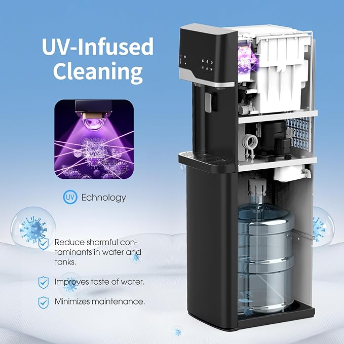 IKT Self Cleaning 4 in 1 Water Cooler Dispenser with Ice Maker for 5 Gallon Bottle Bottom Load 22lbs Daily Capacity Child Safety Lock Empty Bottle Light Black