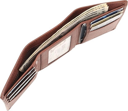 Genuine Leather Mens Trifold Wallet RFID Blocking 6 Credit Card Slots 1 ID Window 1 Section for Bills 2 Hidden Pockets- Choco