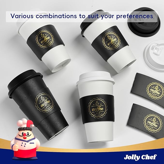 JOLLY CHEF 100 Pack 16 oz Disposable Paper Coffee Cups To Go Coffee Cups with Lids, Sleeves and Stirrers for Hot Drinks