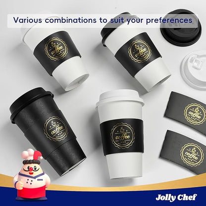 JOLLY CHEF 100 Pack 16 oz Disposable Paper Coffee Cups To Go Coffee Cups with Lids, Sleeves and Stirrers for Hot Drinks
