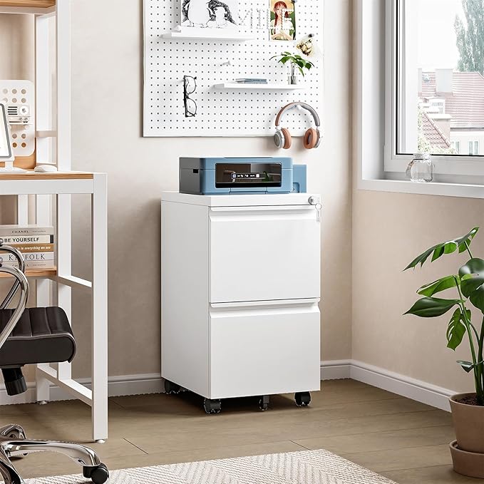 2 Drawer File Cabinet, Small Mobile File Cabinet with Lock, Metal Rolling Filing Cabinets for Letter/Legal/A4 File, Home, Office, White