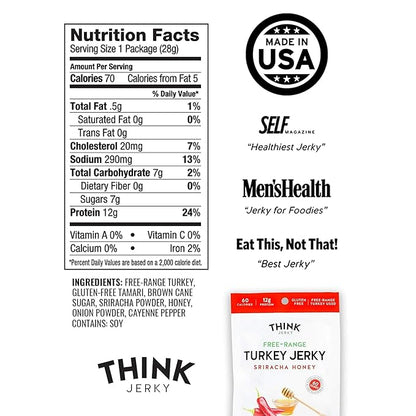 Think Jerky Sriracha Honey Turkey Jerky, High Protein Free-Range Turkey, Gluten Free, No Antibiotics or Nitrates, Healthy Chef Crafted Recipe, Low Calorie and Low Fat - 1.0 oz Bags, 12 Pack