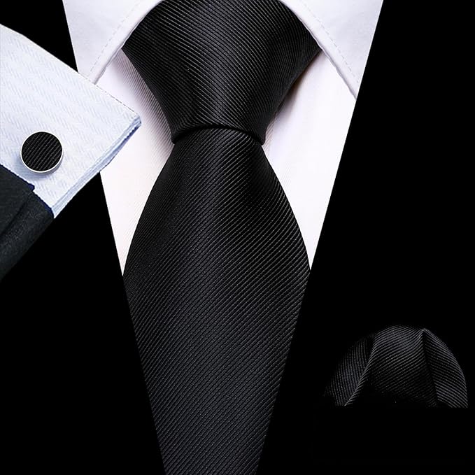 Barry.Wang Tie Sets for Men Silk Solid Necktie Stain Ties Handkerchief Pocket Square Cufflinks Wedding Business Dyed