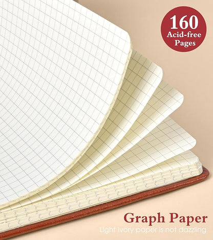Graph Notebook for Women Men, 160 Pages Grid Paper, Graphing Notebooks for School, Work, Quad Ruled, Inner Pocket, A5 Hardcover Vintage Leather Journals for Writing, 5.8"x8.5" (Brown)
