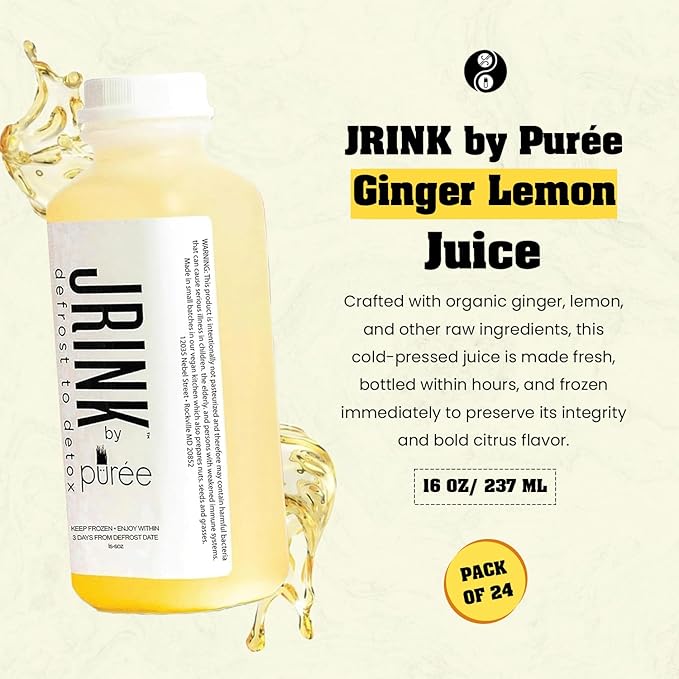 JRINK by Purée Ginger Lemon Juice, Cold Pressed Juice Cleanse with Organic Lemon Ginger, Detox Drink from Raw Fruit and Vegetable, No Preservatives, Healthy Cleanse, 16oz Bottles, 24 Pack