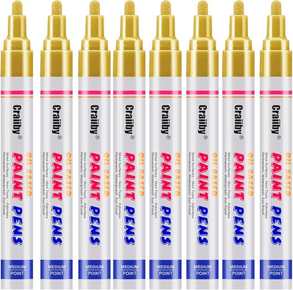 Gold Paint Markers, 8 Pack Oil-Based Waterproof Quick Dry Permanent Paint Pen Set for Rocks Painting, Wood, Fabric, Plastic, Canvas, Glass, Mugs, Metal, Tire, Stone, DIY Craft, Copper