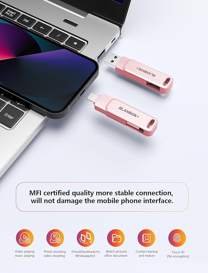 MFi Certified Flash Drive 256GB for iPhone USB Memory Stick Thumb Drives High Speed USB Stick,Photo Stick External Storage for iPhone/iPad/Android/PC（Pink）
