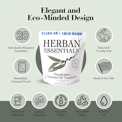Herban Essentials - Eucalyptus Wipes & Towelettes - Essential Oil Wipes for Hands & Body - Travel Size Essentials and Toiletries - Natural, Individually Wrapped, Disposable & Moist Refresh (20 count)
