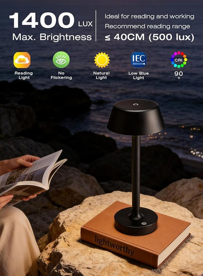 Cordless Rechargeable Table Lamp with Power Charger,Portable LED Desk Lamp,5000mAh Battery Operated,2700K-5700K Tunable,Stepless Dimming for Bedroom Bedside Outdoor Camping Light,Black