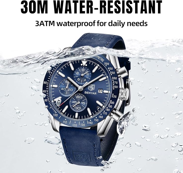 BY BENYAR Watch for Men Analog Quartz Chronograph Waterproof Luminous Designer Mens Wrist Watches Business Work Sport Casual Dress Watch with Silicone Strap Elegant Gifts for Men