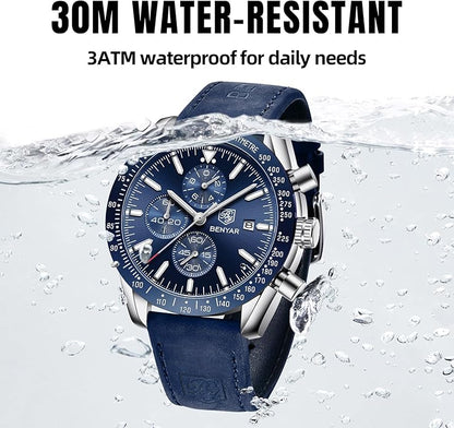 BY BENYAR Watch for Men Analog Quartz Chronograph Waterproof Luminous Designer Mens Wrist Watches Business Work Sport Casual Dress Watch with Silicone Strap Elegant Gifts for Men