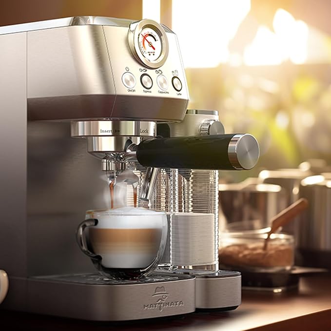 MAttinata Cappuccino Coffee Machine with Automatic Milk Frother, Compact Espresso Machine with Pressure Gauge, Stainless Steel Cappuccino Maker with for Home, Office