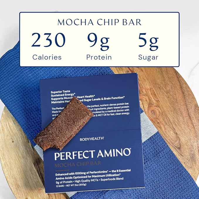 BodyHealth PerfectAmino Bar – Protein Energy Snack with 10g Protein, Plant-Based MCTs, Superfood Blend, Non-GMO, Gluten, Dairy & Soy Free (Mocha, 12 Pack)