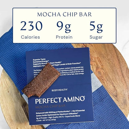 BodyHealth PerfectAmino Bar – Protein Energy Snack with 10g Protein, Plant-Based MCTs, Superfood Blend, Non-GMO, Gluten, Dairy & Soy Free (Mocha, 12 Pack)
