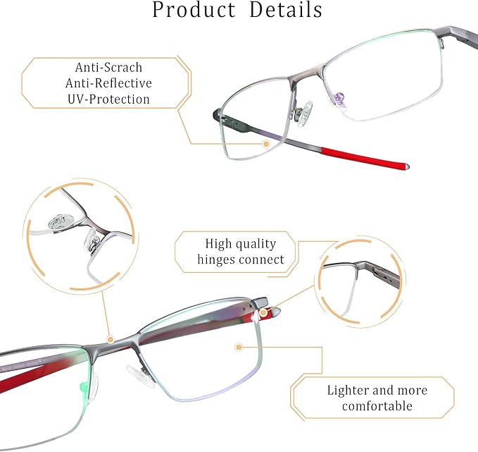 LifeArt Blue Light Blocking Glasses, Anti Eyestrain, Computer Reading Glasses, Gaming Glasses, TV Glasses for Women Men, Stylish Unisex Alloy Square Frame (Silver Red, +3.50 Magnification)