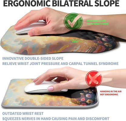 Ergonomic Raised Mouse Pad Wrist Support with Bilateral Slope Memory Foam Mousepad for Wrist Rest and Carpal Tunnel Pain Relief 11.8x7.9〃Flower Sea Cat