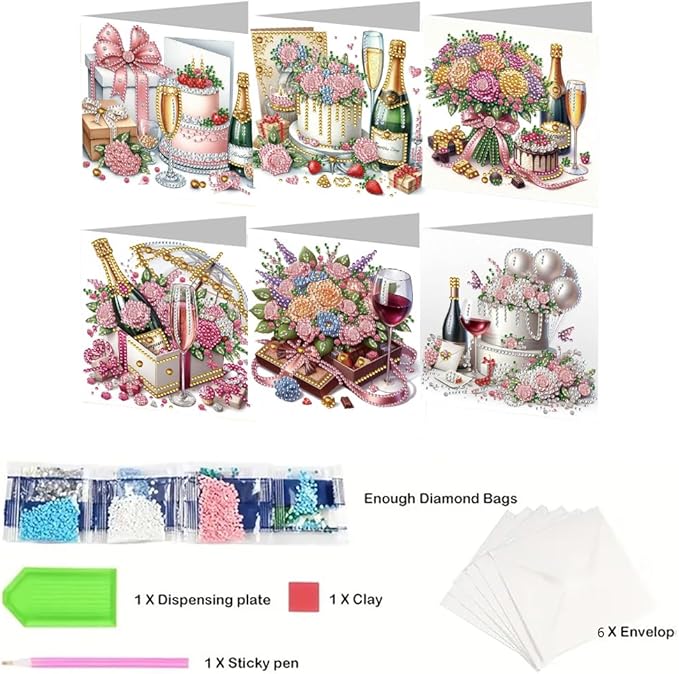 6pcs DIY Flowers Cake Diamond Art Painting Greeting Cards Kit, Rhinestone Art Holiday Birthday Card Set with Envelopes, DIY Festival Craft for Girlfriend, Christmas Valentine Gift Making Supplies