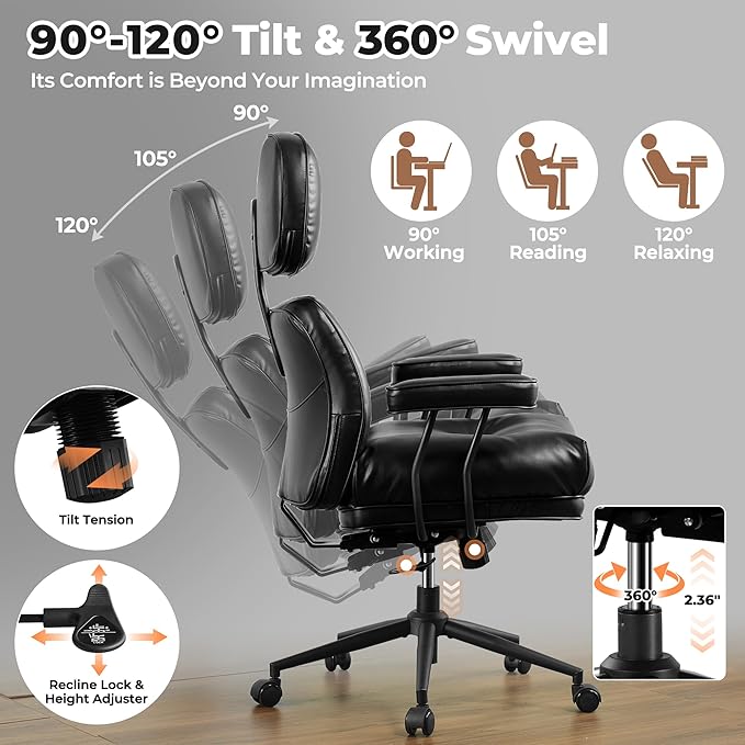 ovios Home Office Chair, Mid-Century Modern Faux PU Leather Chairs with Lumbar Support Comfy Thick Cushion, High Back Ergonomic Swivel Rolling Executive Armchair (Black, PU Leather)