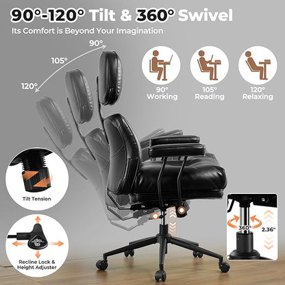 ovios Home Office Chair, Mid-Century Modern Faux PU Leather Chairs with Lumbar Support Comfy Thick Cushion, High Back Ergonomic Swivel Rolling Executive Armchair (Black, PU Leather)