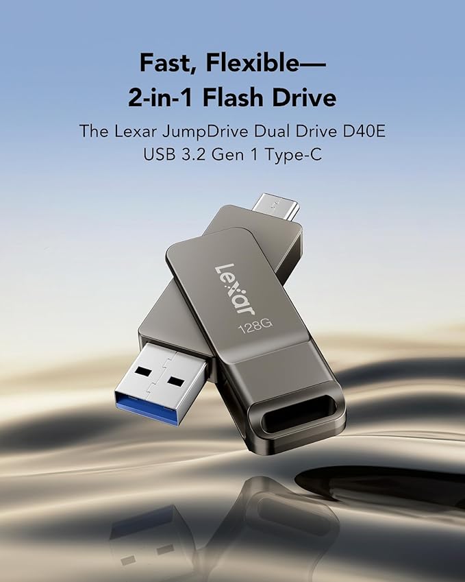 Lexar D40E 128GB Dual USB 3.2 Gen 1 Type-C Jump Drive, USB-C Flash Metal Housing Swivel Design Thumb Drive (Titanium Grey)