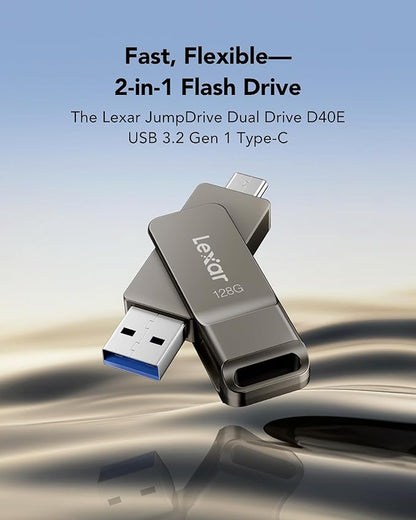 Lexar D40E 128GB Dual USB 3.2 Gen 1 Type-C Jump Drive, USB-C Flash Metal Housing Swivel Design Thumb Drive (Titanium Grey)