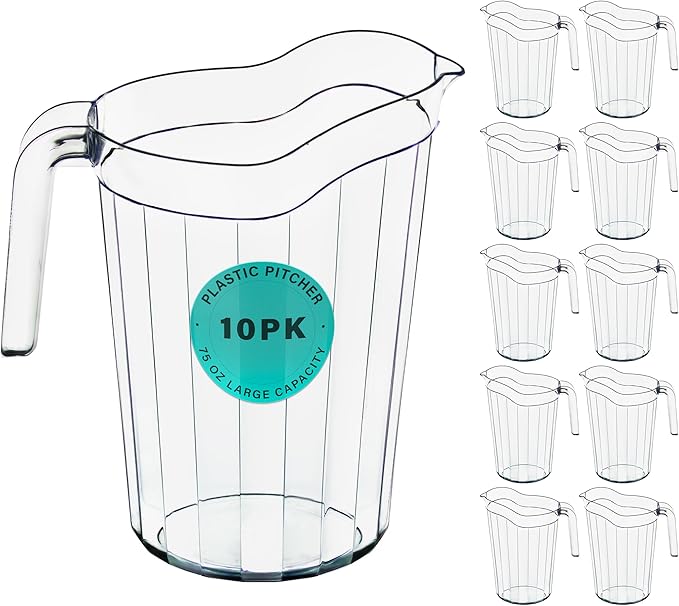 DecorRack 10 Pack - 75 oz Polycarbonate Plastic Pitcher Beverage Dispenser with Pour Spout Shatterproof Catering and Restaurant Serveware for Cold Drinks, Water, Lemonade, Beer, and Sangria (10 Pack)