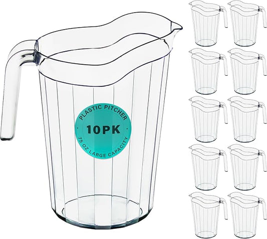 DecorRack 10 Pack - 75 oz Polycarbonate Plastic Pitcher Beverage Dispenser with Pour Spout Shatterproof Catering and Restaurant Serveware for Cold Drinks, Water, Lemonade, Beer, and Sangria (10 Pack)