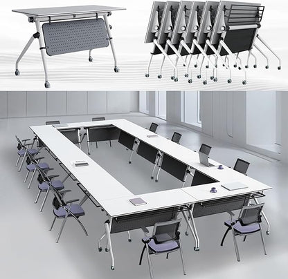 Folding Conference Room Tables,55" Flip Top Seminar Conference Tables,Foldable Meeting Table with Silent Wheels,Office Rolling Modular Meeting Room Table Mobile Training Tables(White, 8 Pack)