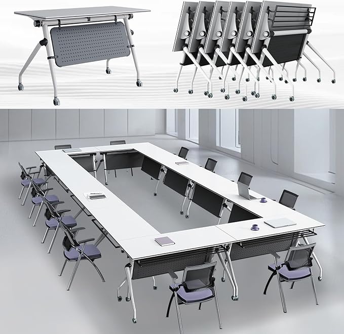 Folding Conference Room Tables,55" Flip Top Seminar Conference Tables,Foldable Meeting Table with Silent Wheels,Office Rolling Modular Meeting Room Table Mobile Training Tables (White, 4 Pack)