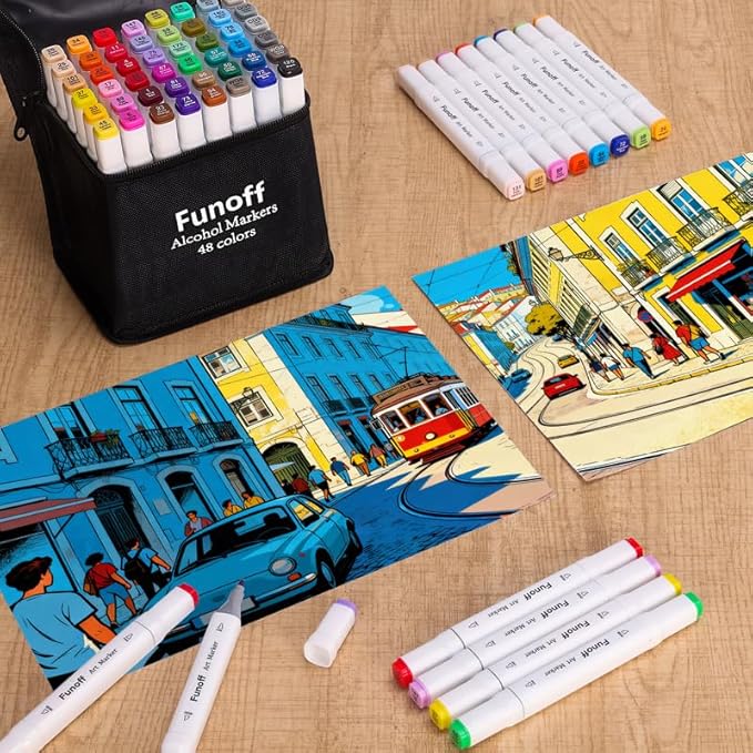 Funoff Alcohol Markers, 48 Colors Fine & Chisel Dual Tip Art Markers, Permanent Sketch Marker for Adult Coloring, Drawing, Sketching, Illustration