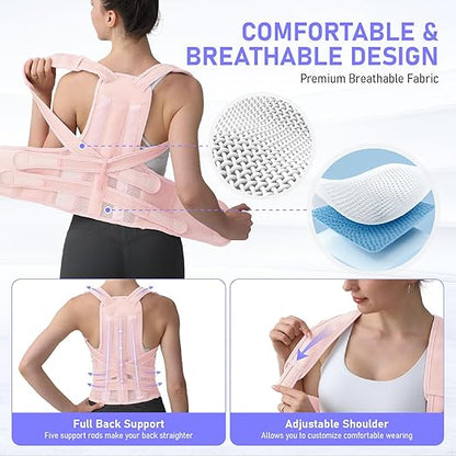 Posture Corrector for Women and Men, Back Brace with Full Back Support, Adjustable Shoulder Straightener for Upper & Lower Back Pain Relief, Scoliosis, Hunchback (Small, Pink)