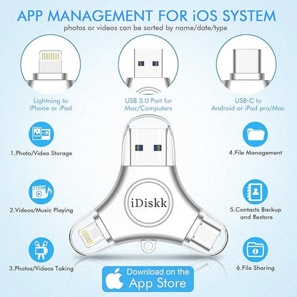 App-le Certified iDiskk 128GB Phone flashdrive iPhone 17 16 Photo Stick USB C iPad Pro Android Samsung for iPhone 15/14/14 PRO/13/13 PRO/12 pro/12 Mini/XR/X, iPhone USB Storage for PC,MacBook