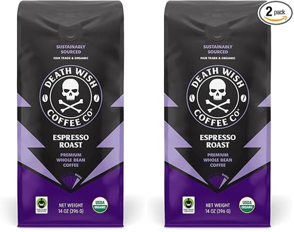 Death Wish Coffee, Whole Bean Espresso Roast - Organic, Fair Trade, Arabica and Robusta Coffee Beans, 14 ounce (Pack of 2)