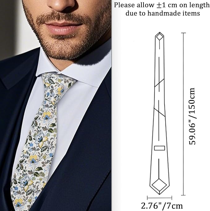 Cotton Floral Ties for Men 2.76" Men's Skinny Tie Linen Flower Printed Neck Tie for Wedding Dating Party
