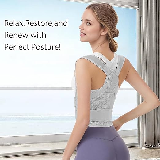 Posture Corrector for Women & Men – Full Back Support Adjustable Back Brace, Shoulder Straightener for Spine Alignment, Upper Back & Back Pain Relief(Grey, Medium)